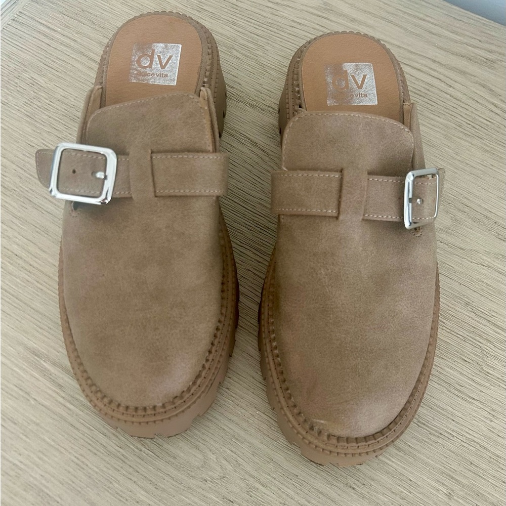 DV by Dolce Vita Women’s Tan Suede Slip-On Buckle Mules